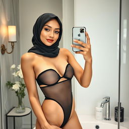 A realistic image of a young Muslim woman wearing a hijab, taking a selfie in front of a mirror with a real iPhone 12