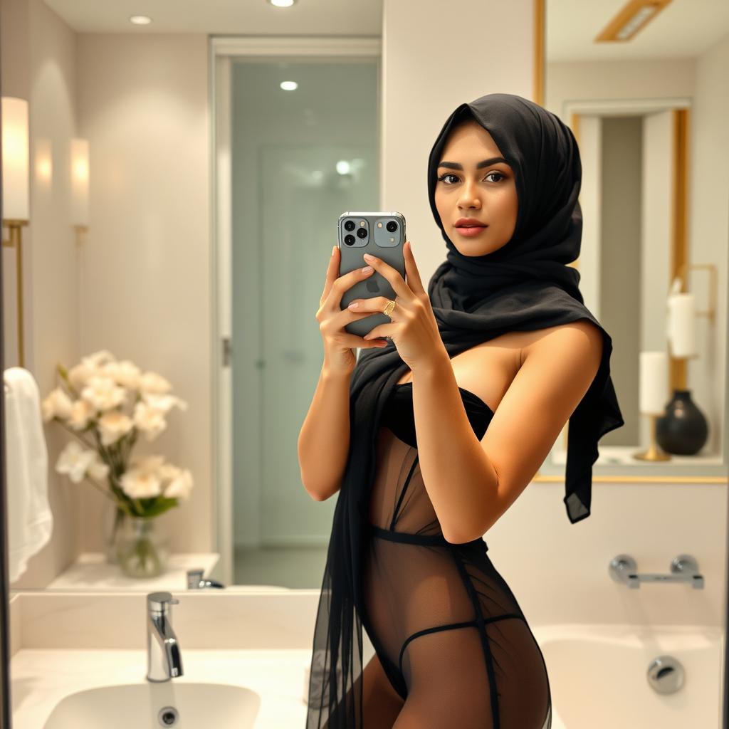 A realistic image of a young Muslim woman wearing a hijab, taking a selfie in front of a mirror with a real iPhone 12