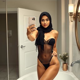 A realistic image of a young Muslim woman wearing a hijab, taking a selfie in front of a mirror with a real iPhone 12
