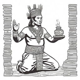 A full drawing of a man kneeling, dressed in traditional indigenous Mayan attire, with arms raised holding a jar filled with incense