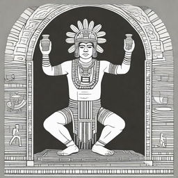 A full drawing of a man kneeling, dressed in traditional indigenous Mayan attire, with arms raised holding a jar filled with incense