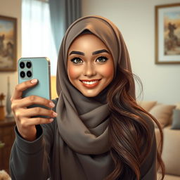 A realistic depiction of a gorgeous hijabi girl taking a selfie with an iPhone 12