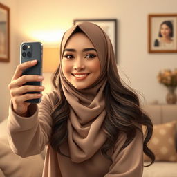 A realistic depiction of a gorgeous hijabi girl taking a selfie with an iPhone 12