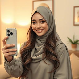 A realistic depiction of a gorgeous hijabi girl taking a selfie with an iPhone 12