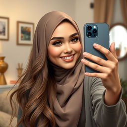 A realistic depiction of a gorgeous hijabi girl taking a selfie with an iPhone 12