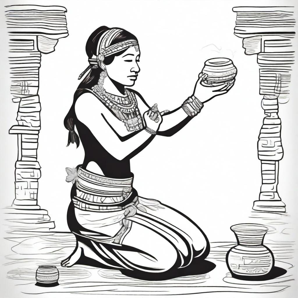 A full drawing of a woman kneeling, dressed in traditional indigenous Mayan attire, with arms raised holding a jar filled with incense