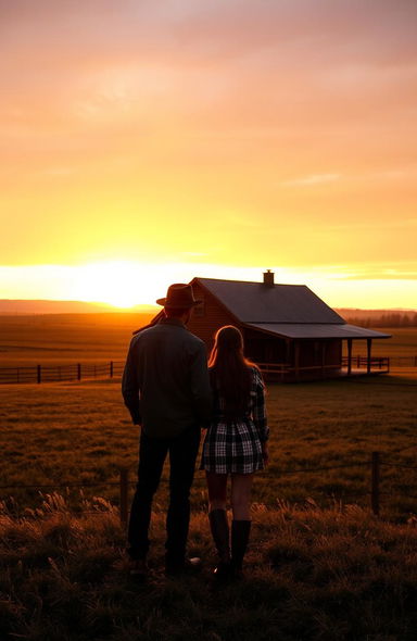A scenic ranch at sunset featuring a sturdy wooden house surrounded by vast open fields