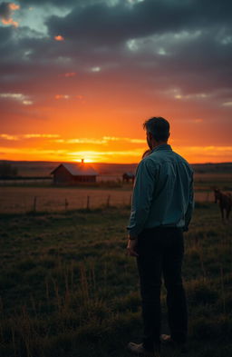 A scenic ranch at sunset featuring a sturdy wooden house surrounded by vast open fields