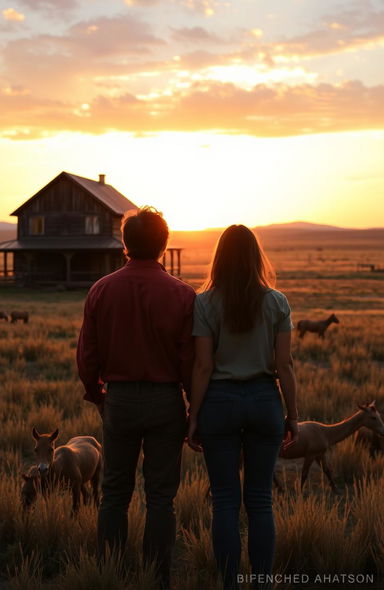 A scenic ranch at sunset featuring a sturdy wooden house surrounded by vast open fields