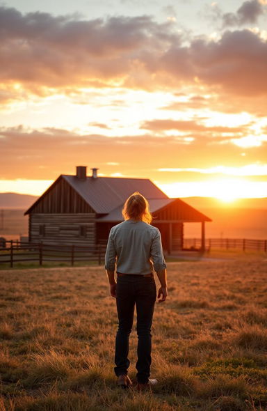 A scenic ranch at sunset featuring a sturdy wooden house surrounded by vast open fields