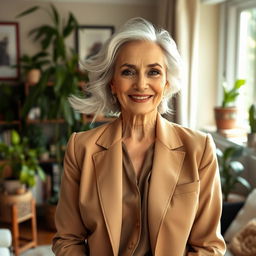 A confident older woman, in her 60s, exuding elegance and wisdom