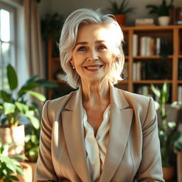 A confident older woman, in her 60s, exuding elegance and wisdom