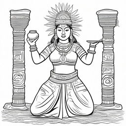 A full drawing of a woman kneeling, dressed in traditional indigenous Mayan attire, with arms raised holding a jar filled with incense