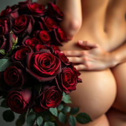 A close-up of dark red roses, lush and vibrant, creating a romantic and passionate atmosphere