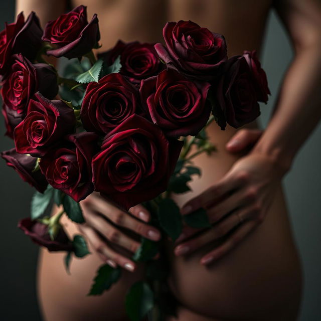 A close-up of dark red roses, lush and vibrant, creating a romantic and passionate atmosphere