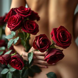 A close-up of dark red roses, lush and vibrant, creating a romantic and passionate atmosphere