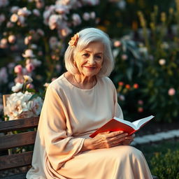 An older woman in her 70s, showcasing grace and wisdom, dressed in an elegant flowing dress that reflects her vibrant personality