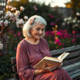 An older woman in her 70s, showcasing grace and wisdom, dressed in an elegant flowing dress that reflects her vibrant personality