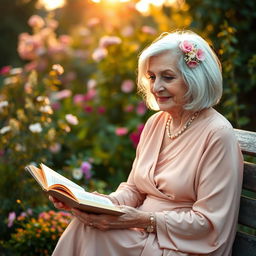 An older woman in her 70s, showcasing grace and wisdom, dressed in an elegant flowing dress that reflects her vibrant personality