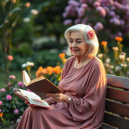 An older woman in her 70s, showcasing grace and wisdom, dressed in an elegant flowing dress that reflects her vibrant personality