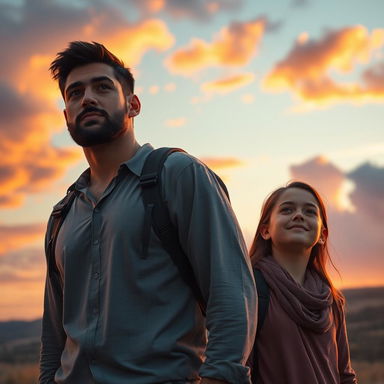 A man named Elijah stands protectively beside a young adult girl named May, both gazing towards the horizon