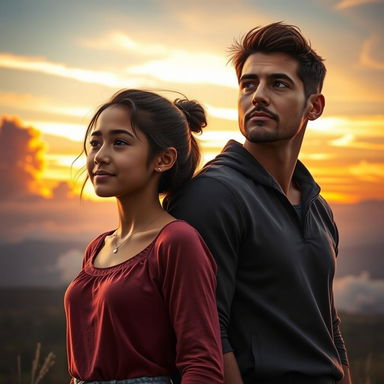 A man named Elijah stands protectively beside a young adult girl named May, both gazing towards the horizon