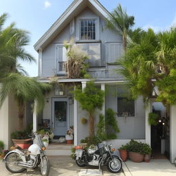 A small, charming house with a front area bustling with various types of vehicles.