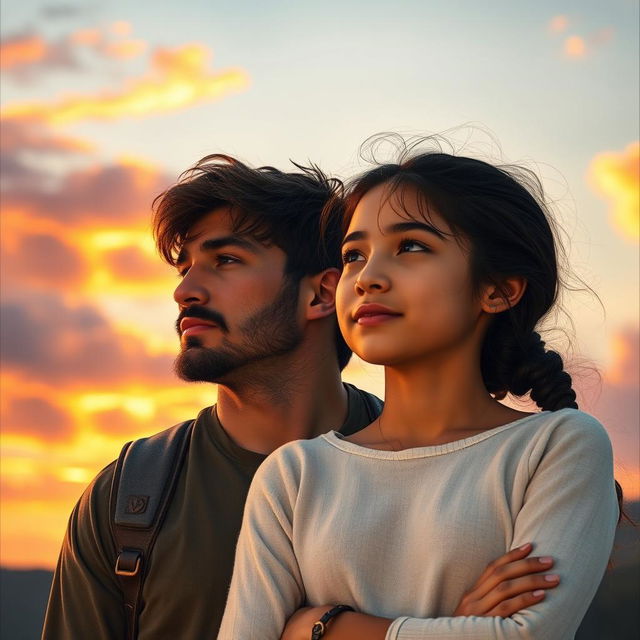 A man named Elijah stands protectively beside a young adult girl named May, both gazing towards the horizon