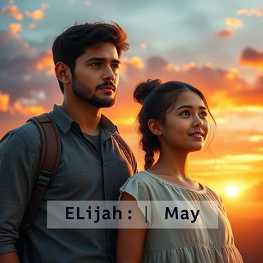 A man named Elijah stands protectively beside a young adult girl named May, both gazing towards the horizon