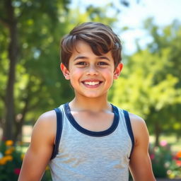 A young, charming boy with a muscular physique, showcasing his strength and vitality, with an infectious smile and bright eyes