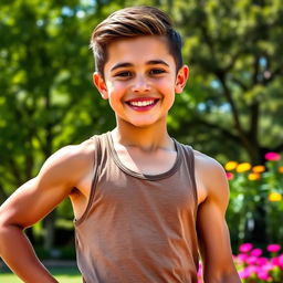 A young, charming boy with a muscular physique, showcasing his strength and vitality, with an infectious smile and bright eyes