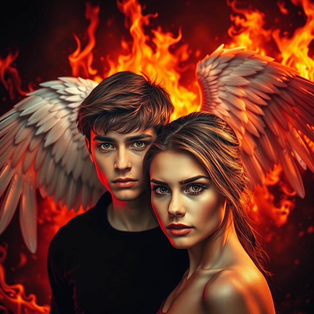 A dramatic scene featuring a fiery background composed of flames and shadows, showcasing the contrasting wings of an angel and a demon