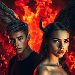 A dramatic scene featuring a fiery background composed of flames and shadows, showcasing the contrasting wings of an angel and a demon