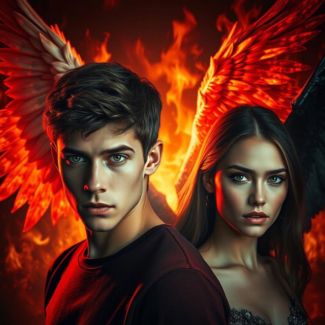 A dramatic scene featuring a fiery background composed of flames and shadows, showcasing the contrasting wings of an angel and a demon