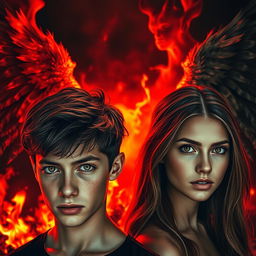 A dramatic scene featuring a fiery background composed of flames and shadows, showcasing the contrasting wings of an angel and a demon