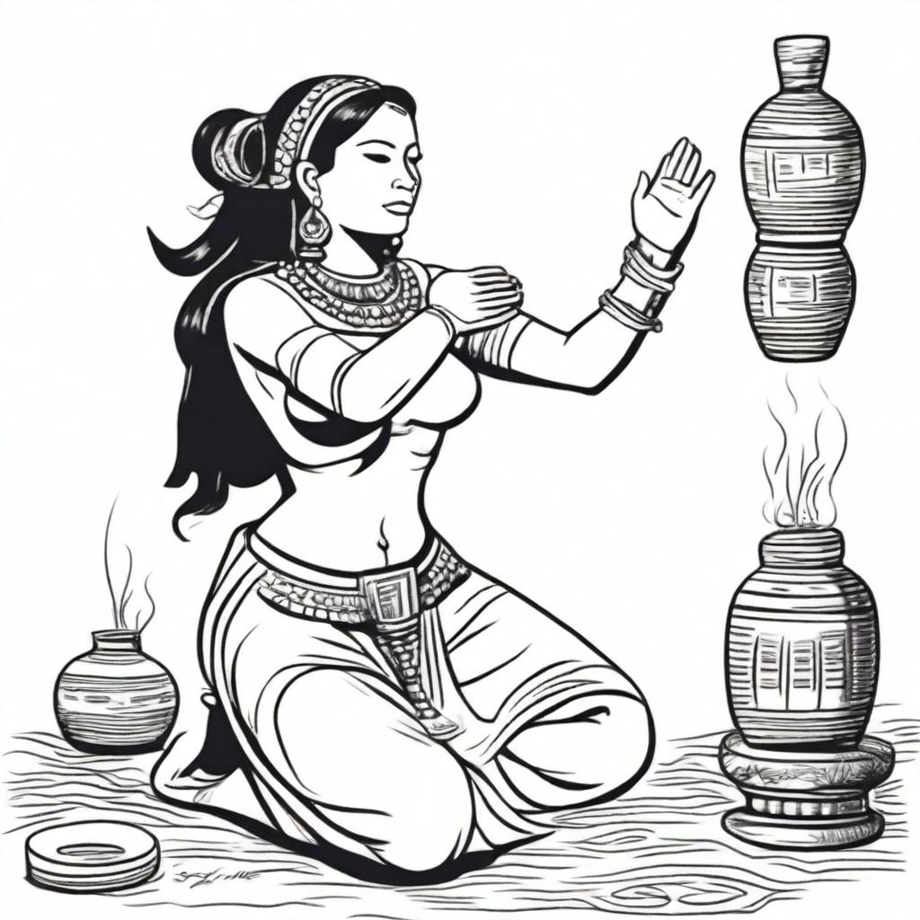 A full drawing of a Maya woman kneeling, with her arms raised holding a jar filled with incense.