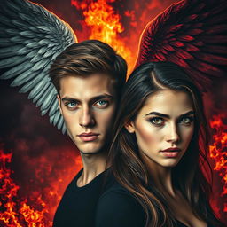 A striking image featuring a background ablaze with flames and deep shadows, highlighting the majestic wings of an angel and the ominous wings of a demon