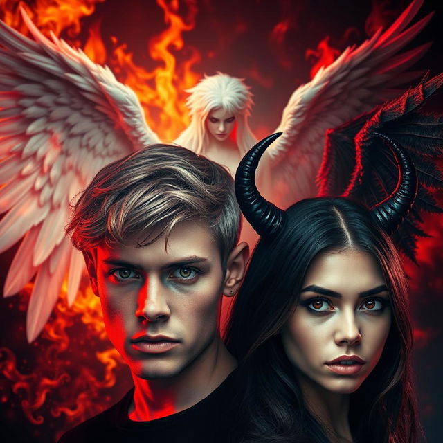 A striking image featuring a background ablaze with flames and deep shadows, highlighting the majestic wings of an angel and the ominous wings of a demon