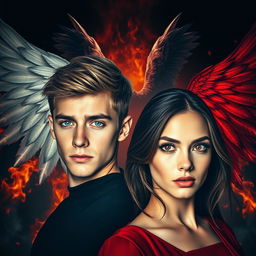 A striking image featuring a background ablaze with flames and deep shadows, highlighting the majestic wings of an angel and the ominous wings of a demon