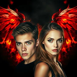 A striking image featuring a background ablaze with flames and deep shadows, highlighting the majestic wings of an angel and the ominous wings of a demon
