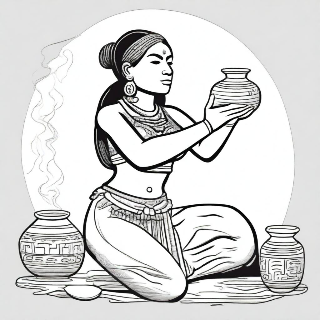 A full drawing of a Maya woman kneeling, with her arms raised holding a jar filled with incense.