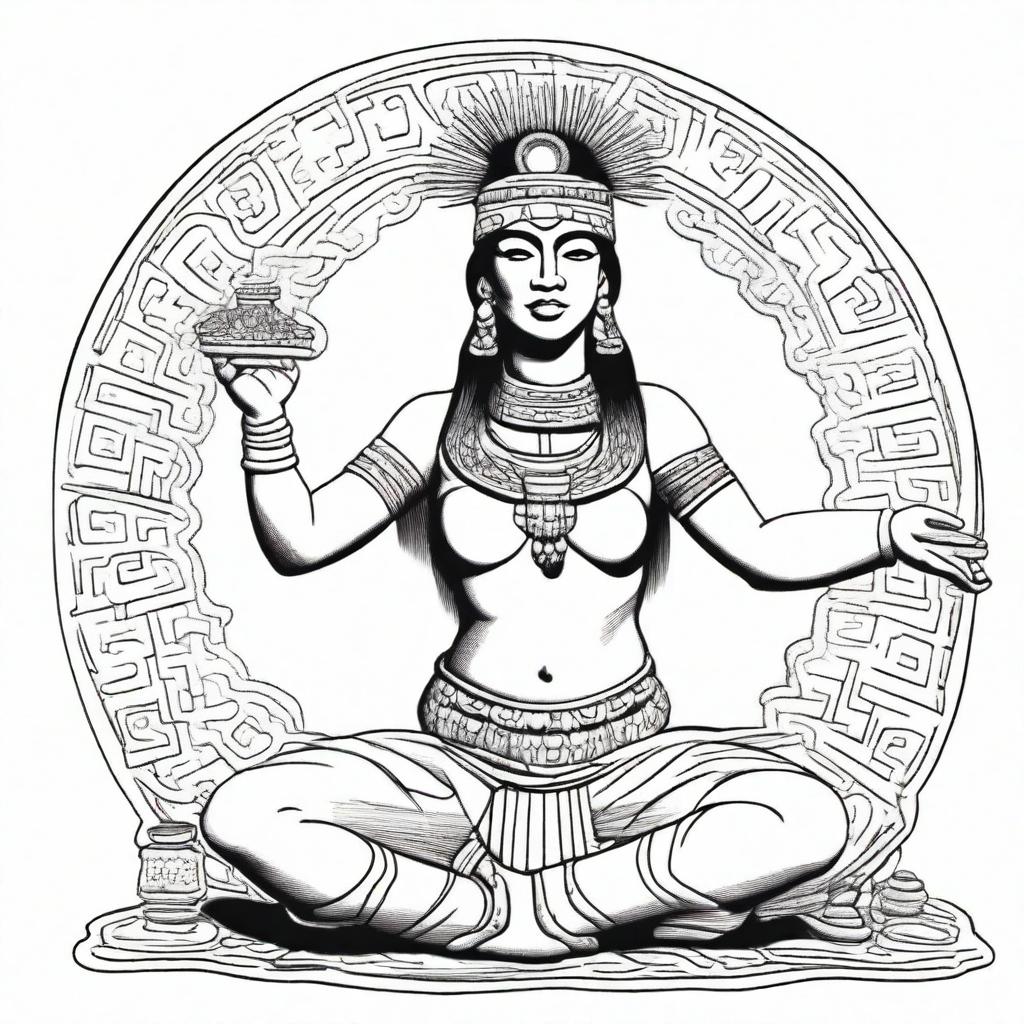 A full drawing of an Aztec woman, kneeling with her arms raised and holding a jar filled with incense.