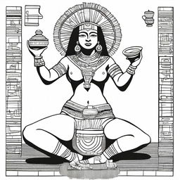 A full drawing of an Aztec woman, kneeling with her arms raised and holding a jar filled with incense.