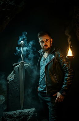 In a gloomy cave, a modern-day anti-hero stands confidently next to Excalibur, which is embedded in a stone