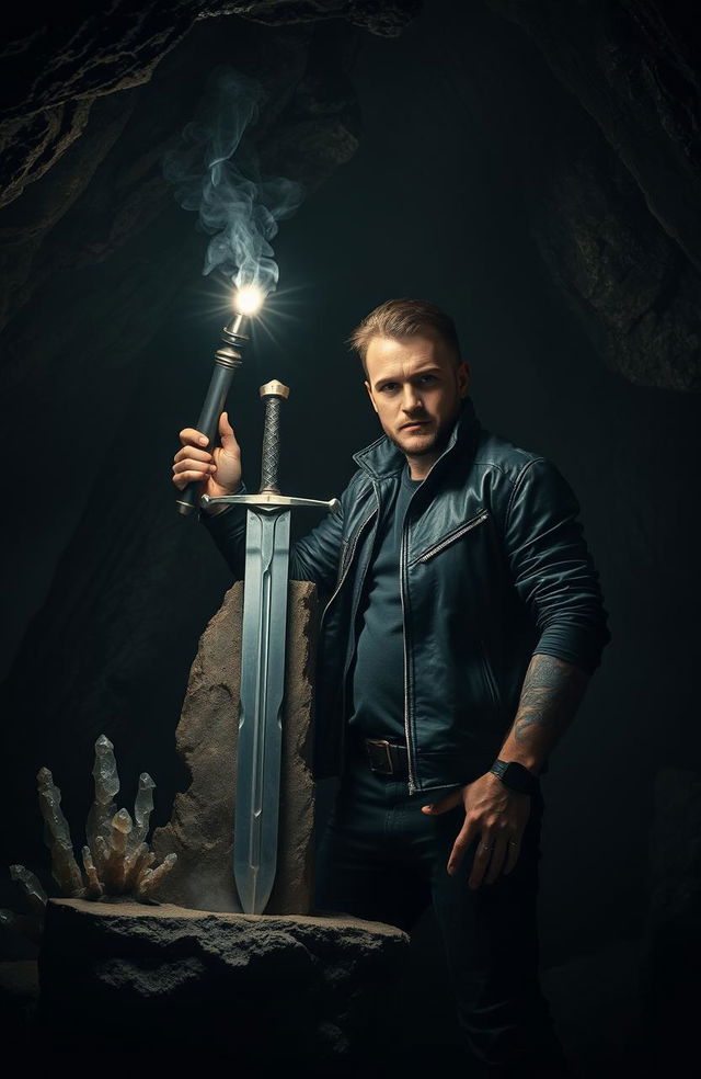 In a gloomy cave, a modern-day anti-hero stands confidently next to Excalibur, which is embedded in a stone