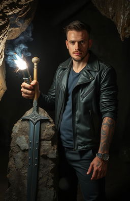 In a gloomy cave, a modern-day anti-hero stands confidently next to Excalibur, which is embedded in a stone
