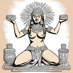 A full drawing of an Aztec woman, kneeling with her arms raised and holding a jar filled with incense.