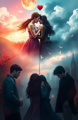 An artistic representation of three interconnected love triangles, each symbolizing the evolution of love and relationships through vibrant imagery