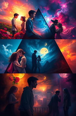 An artistic representation of three interconnected love triangles, each symbolizing the evolution of love and relationships through vibrant imagery