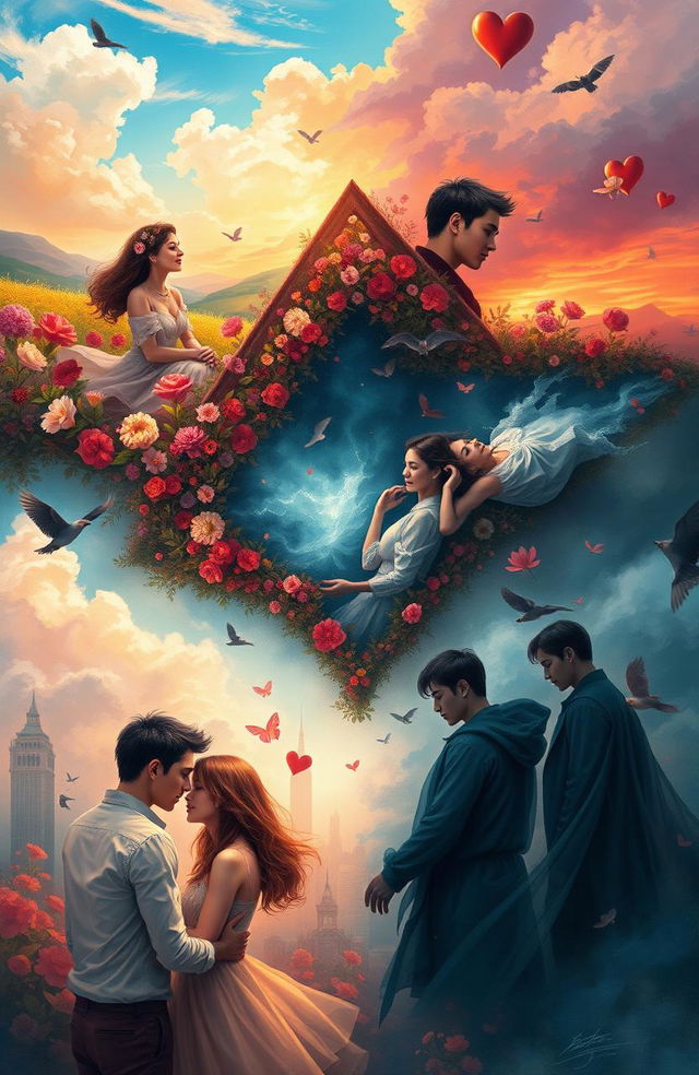 An artistic representation of three interconnected love triangles, each symbolizing the evolution of love and relationships through vibrant imagery